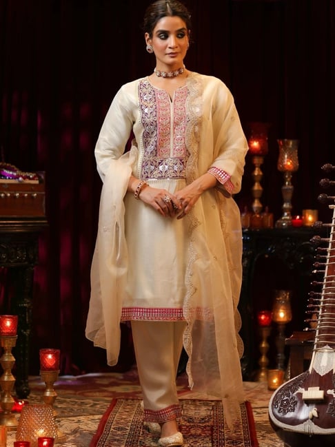 SCAKHI Cream QALA Shimmer Organza Dori Embroidered Kurta with Pant and Dupatta