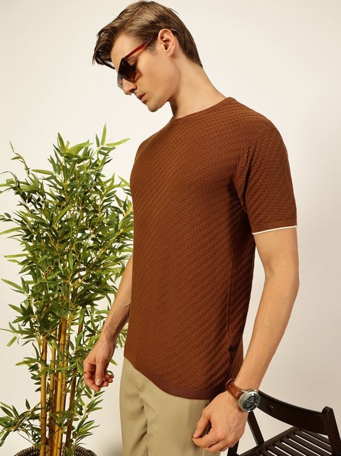 Thomas Scott Brown Regular fit Self T-Shirts
