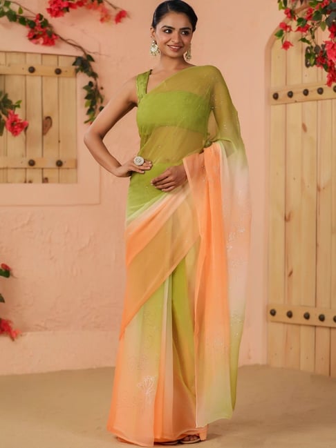Geroo Jaipur Green & Peach Shaded Net Patch Work Chiffon Saree-picture-19