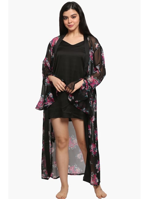 Pretty Loving Thing Black Satin Printed Nighty With Robe
