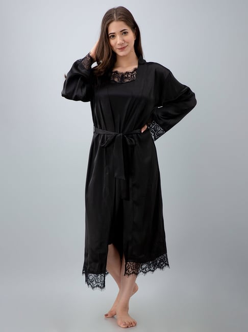 Pretty Loving Thing Black Satin Solid Nighty With Robe
