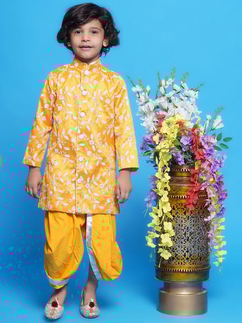 Little Bansi Boys Yellow Embroidered Full Sleeves Sherwani with Dhoti-picture-19