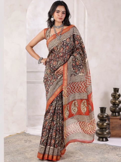 Geroo Jaipur Black Hand Block Printed Floral Chanderi Saree-picture-23