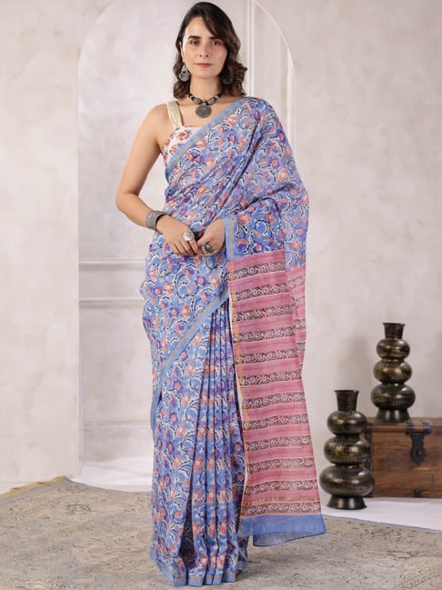 Geroo Jaipur Blue Hand Block Printed Floral Chanderi Saree-picture-12
