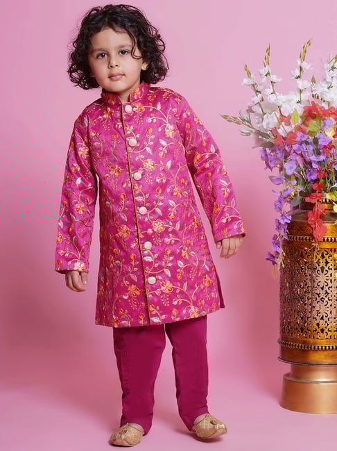Little Bansi Boys Pink Embroidered Full Sleeves Sherwani with Pyjamas-picture-17