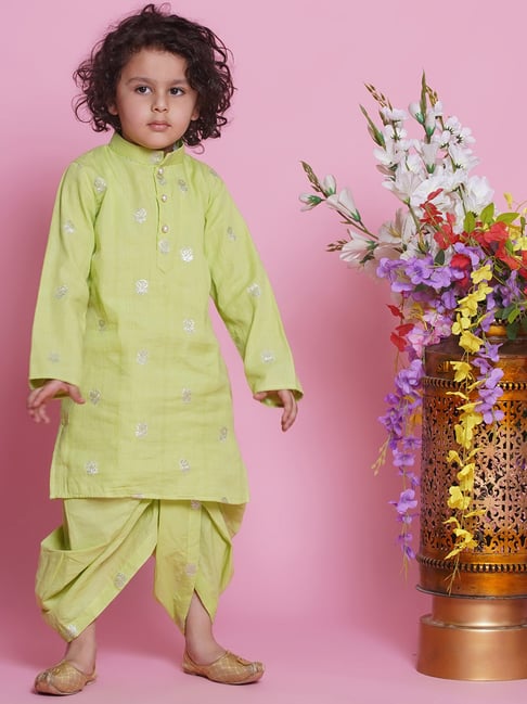 Little Bansi Boys Green Embellished Full Sleeves Kurta with Dhoti