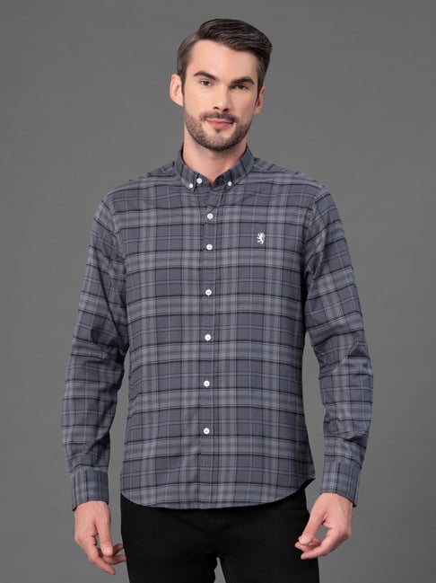 Red Tape Grey Cotton Polyblend Checks Regular Fit Casual Shirt