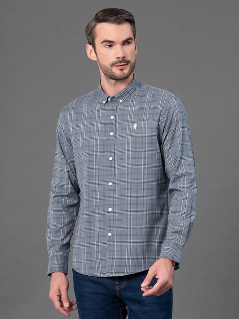 Red Tape Grey Cotton Polyblend Checks Regular Fit Casual Shirt