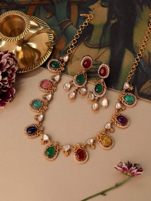 Buy Curio Cottage Meira Drops of Navratna Necklace Earrings Set