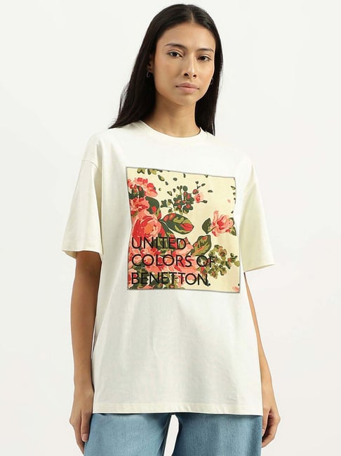United Colors of Benetton White Cotton Floral Print Top