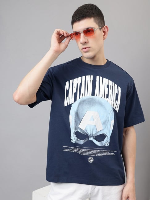 Free Authority Navy Cotton Oversized Prined T-Shirt