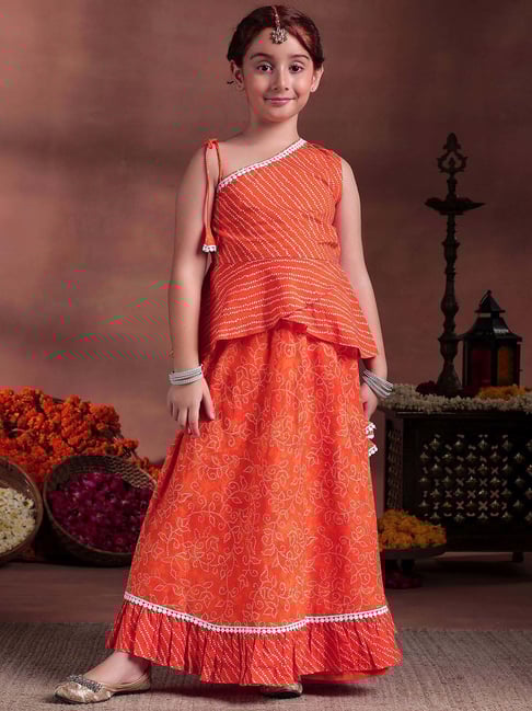 Libas Kids Girls Orange Cotton Striped Lehenga Choli-picture-13