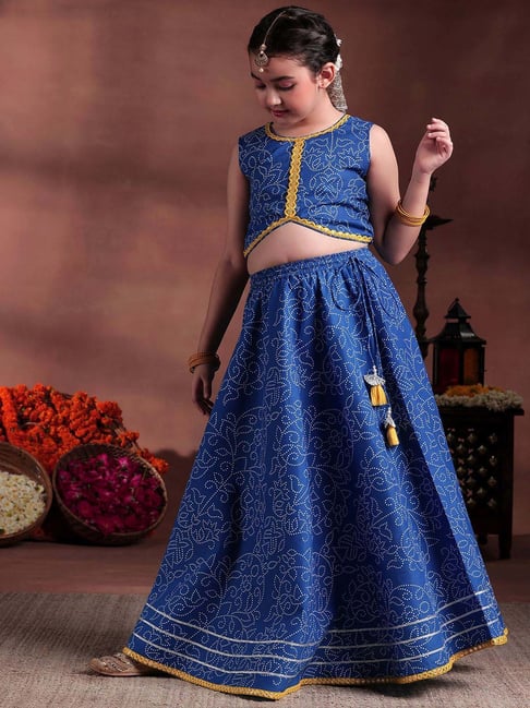 Libas Kids Girls Blue Cotton Floral Lehenga Choli-picture-21