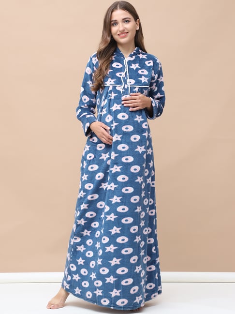Maxi Nighty Secret Wish Nighty Secret Wish Blue Wool Blend Print Maternity  Sleepwear Nighty