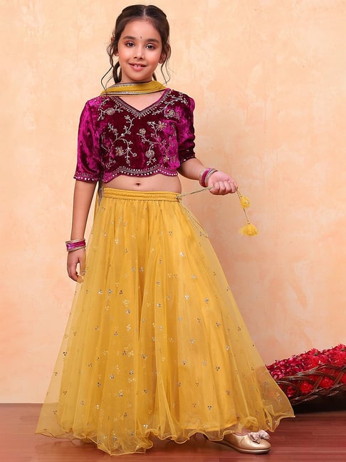 BIBA Girls Wine & Yellow Embellished Lehenga, Choli with Dupatta-picture-17