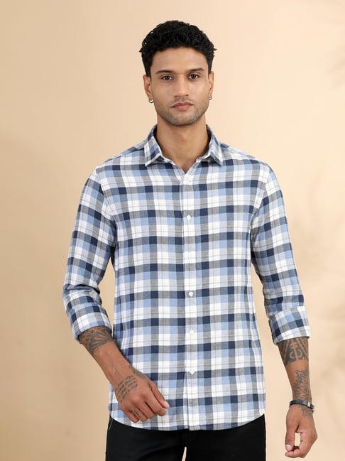 Bushirt Blue Cotton Polyblend Regular Fit Checks Casual Shirt-picture-32