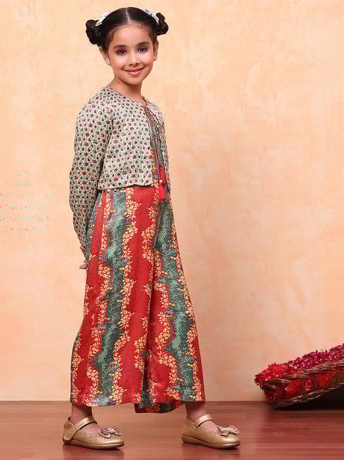 BIBA Girls Green & Red Printed Full Sleeves Jumpsuit with Jacket