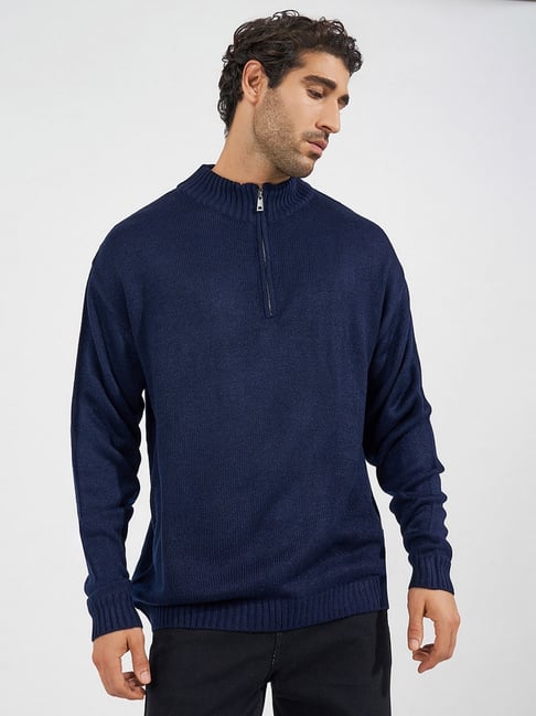 Styli Navy Blue Relaxed Fit Solid Pullover