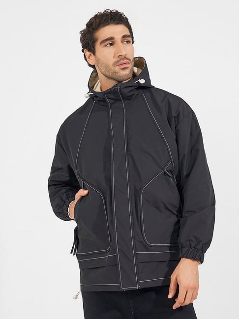 Styli Black Relaxed Fit Solid Parka Jacket