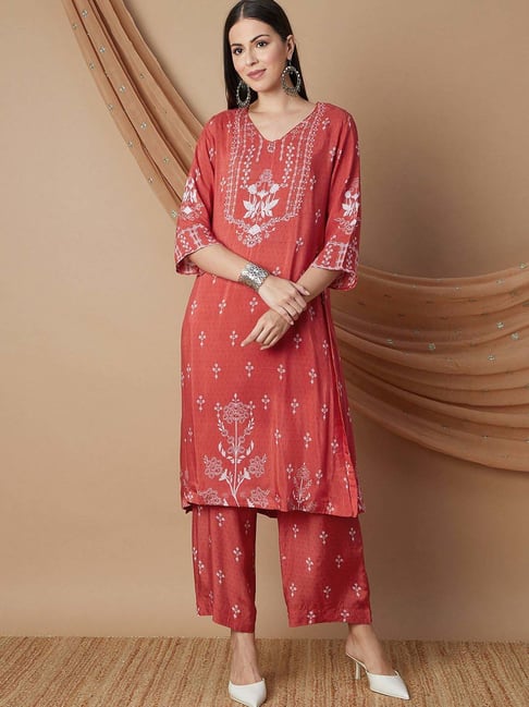 Melange by Lifestyle Red Embellished Kurta Palazzo Set
