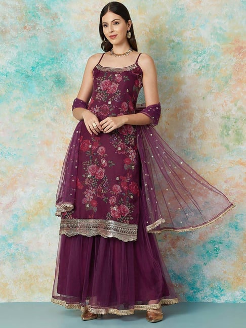 Melange by Lifestyle Purple Embroidered Kurta Sharara Set With Dupatta