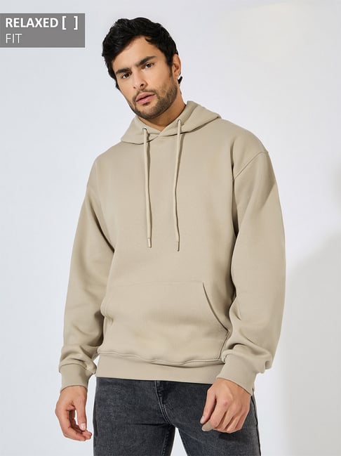 Styli Beige Relaxed Fit Solid Hoodie