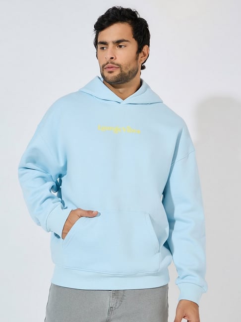 Styli Light Blue Oversized Printed Hoodie Sweatshirts