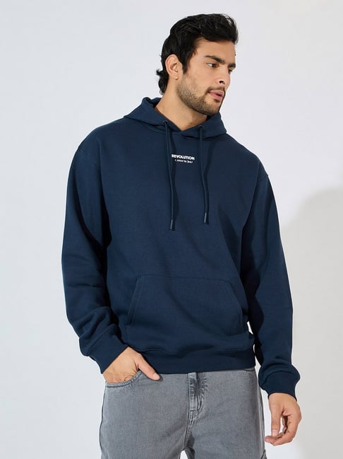 Styli Navy Blue Relaxed Fit Solid Hoodie