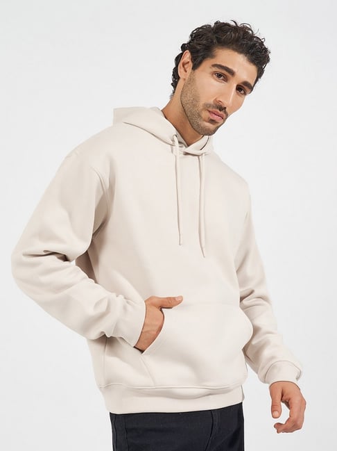 Styli Off White Relaxed Fit Solid Hoodie