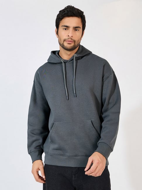 Styli Dark Grey Boxy Fit Solid Hoodie