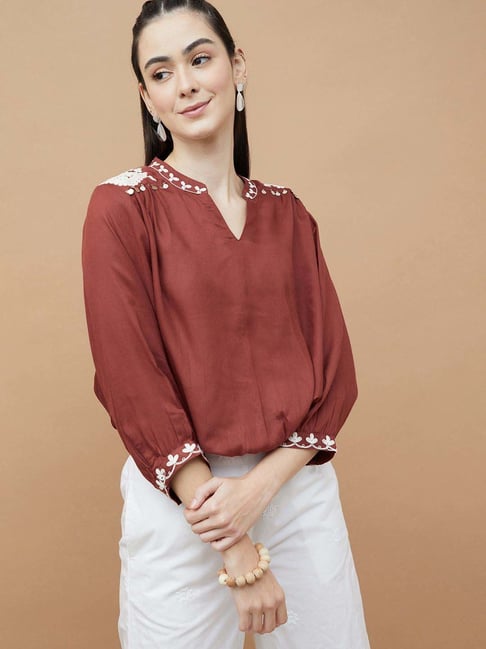 Colour Me by Melange Brown Embroidered Top