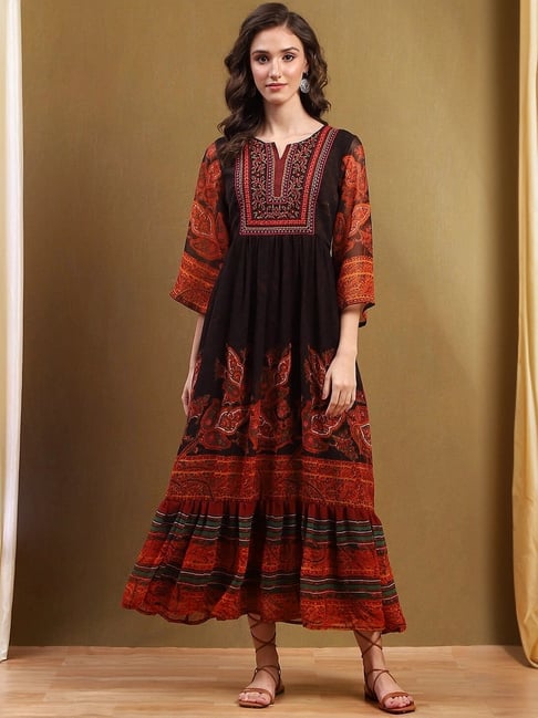 Biba Brown Embroidered A-Line Dress