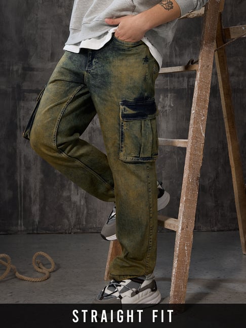 The Souled Store Green Blended Straight Fit Jeans