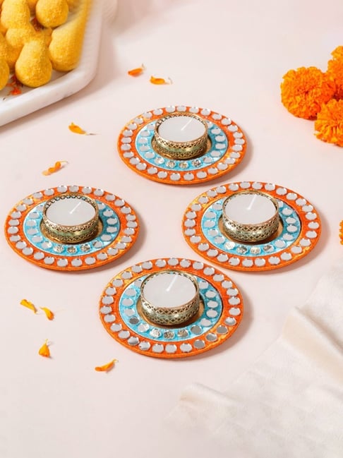 Nestasia Handmade Mirror Detailed Tea Light Candle Holders for Home & Floor Decoration (Set of 4)