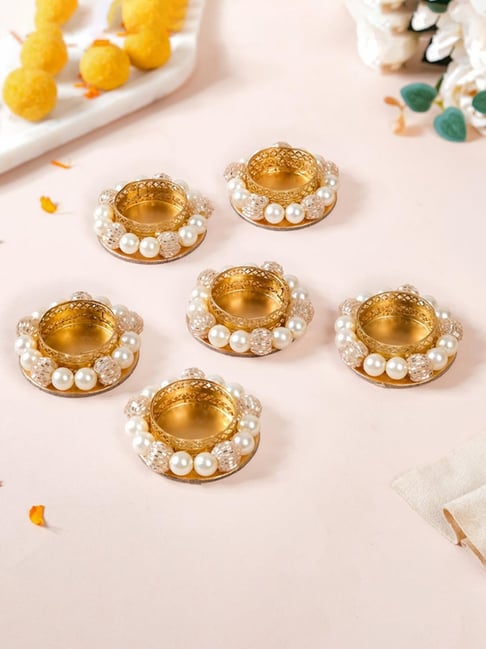 Nestasia Handmade Artificial Champagne Pearl Tealight Candle Holders for Decoration (Set of 6)