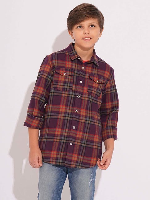 Jack & Jones Junior Boys Plum Perfect Cotton Checks Full Sleeves Shirt