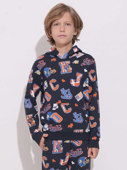Jack & Jones Junior Boys Navy Blazer Printed Full Sleeves Hooded Sweatshirt