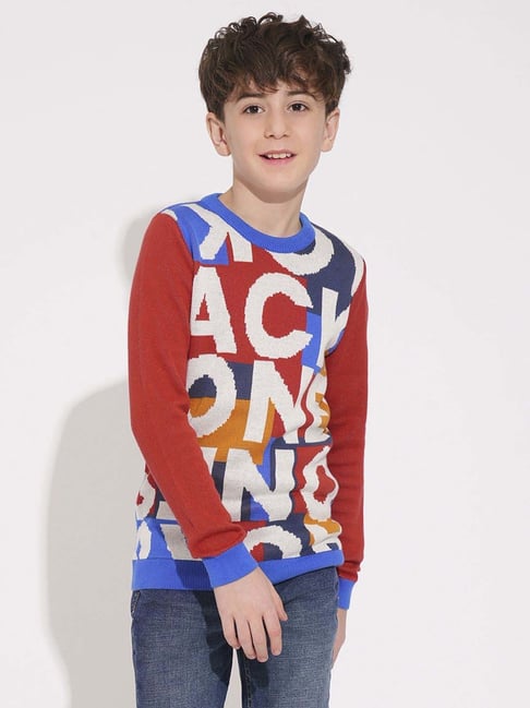 Jack Jones Junior Boys Multicolor Cotton Printed Full Sleeves Pullover  Sweater