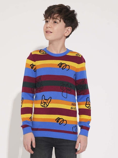 Jack Jones Junior Boys Multicolor Cotton Striped Full Sleeves Pullover  Sweater