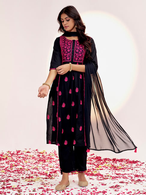 Jaipur Kurti Black Embroidered Kurta With Pant & Dupatta