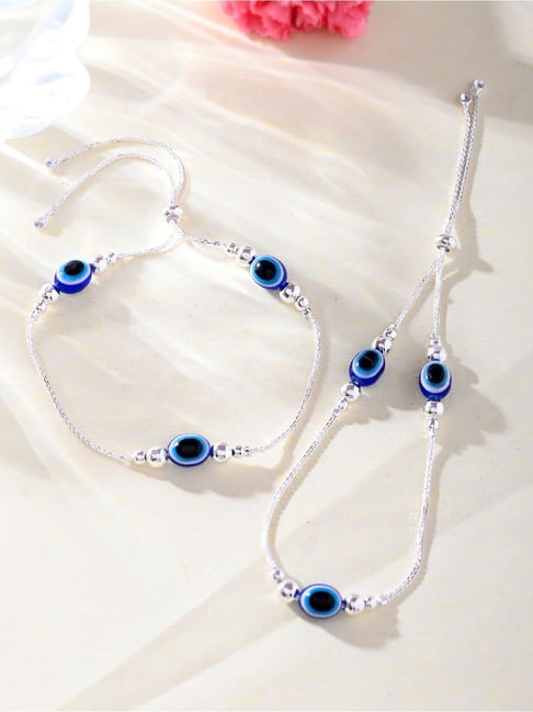 VOJ Silver Plated Evil Eye Anklet Set of 2