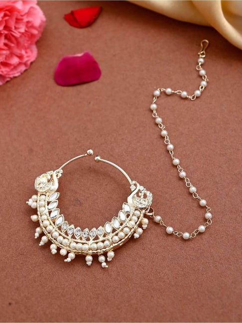 VOJ Gold Plated & Pearl Indian Nose Ring for Women