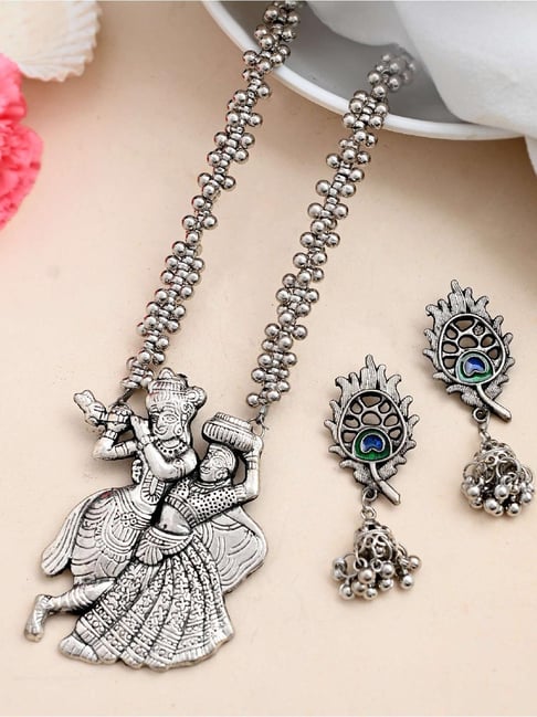 VOJ Silver Plated Oxidized Kanha Shaped Long Necklace Earrings Set for  Women