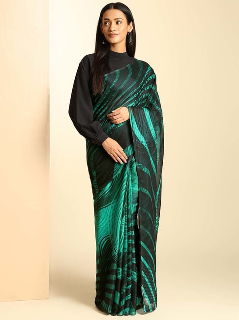 navyasa by liva Green & Black Printed Saree With Unstitched Blouse-picture-35