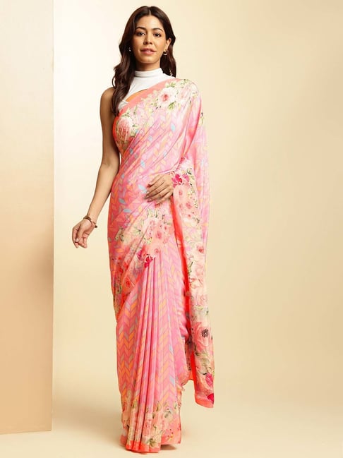 navyasa by liva Pink Printed Saree With Unstitched Blouse-picture-34