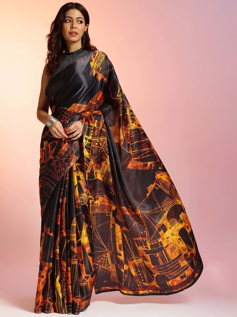 navyasa by liva Black Printed Saree With Unstitched Blouse-picture-21