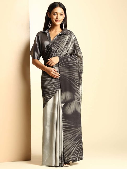 navyasa by liva Grey Printed Saree With Unstitched Blouse-picture-25