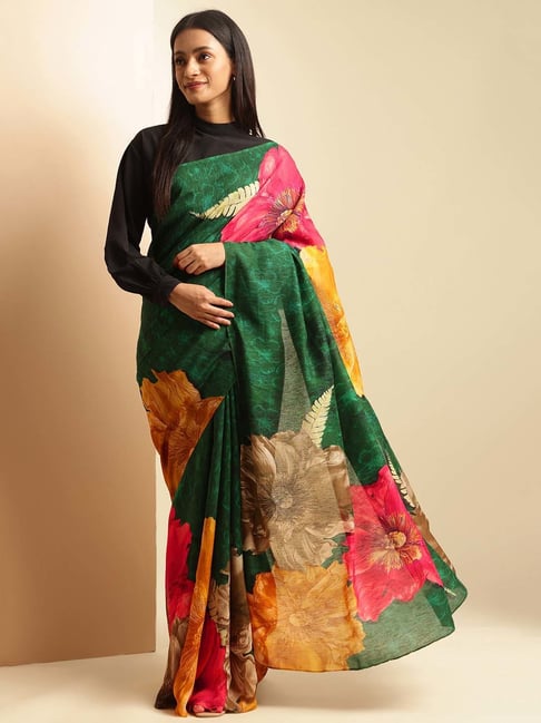 navyasa by liva Dark Green Printed Saree With Unstitched Blouse-picture-14