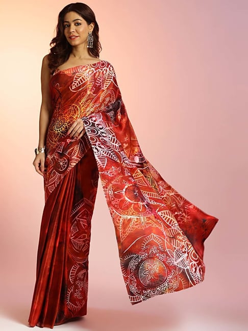 navyasa by liva Maroon Printed Saree With Unstitched Blouse-image-5