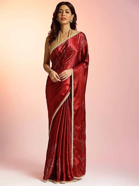 navyasa by liva Maroon Printed Saree With Unstitched Blouse-image-6
